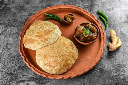 Picture of 2 Pcs Radha Ballabi With Aloo Dum No Onion Garlic (big Size)